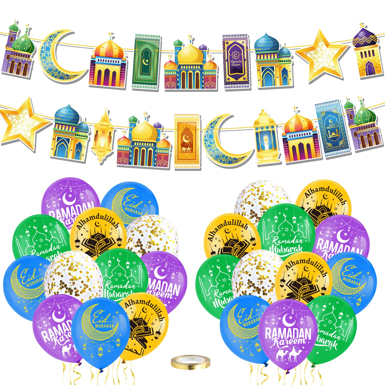 DPKOW Ramadan Decorations Eid Mubarak Banner Balloons Ramadan Mubarak Bunting Banner Eid al-Fitr Latex Balloons, Ramadan Mubarak Decorations Umrah Mubarak Balloons Banner Ramadan Decor for Home Wall