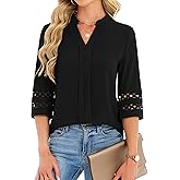 Funlingo 3/4 Length Sleeve Womens Tops V Neck Dressy Casual Blouses Lace Tunic Pleated Shirts Business Casual Outfits 2026