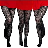 Sucrain 3 Pairs Lace Tights for Women Fishnet Hollow out Knitted Patterned Tights Pantyhose Lolita Bridal Stockings