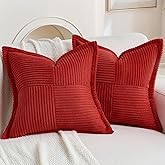 HAUSSY Christmas Red 2 Pack 18x18 Inch Corduroy Decorative Throw Pillow Covers Boho Natural Solid Striped Cushion Cover Modern Farmhouse Home Decor for Couch Living Room Sofa Bed