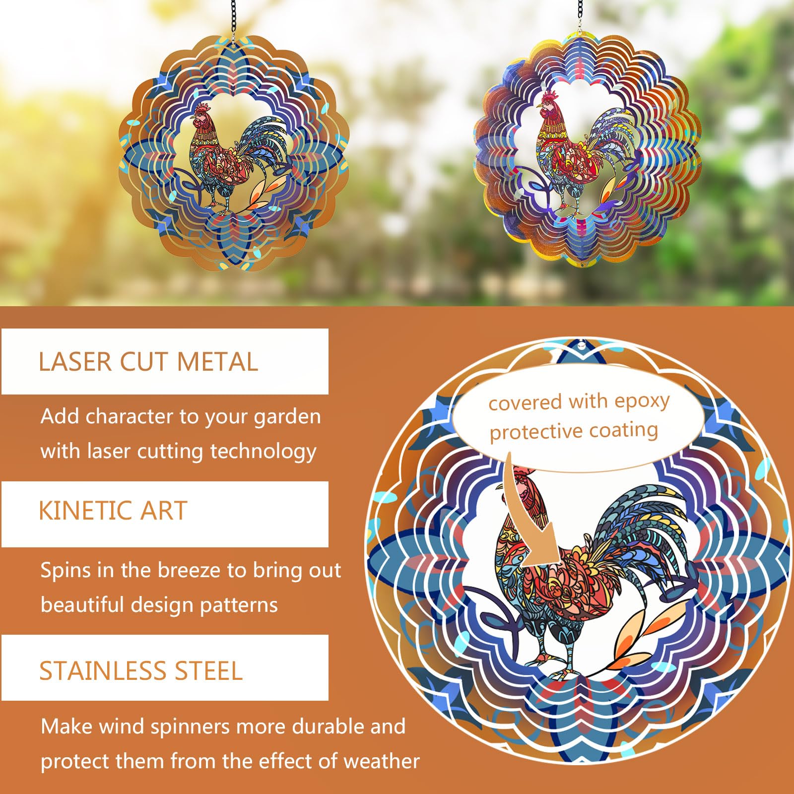 Rooster Metal Wind Spinners - Chicken Gifts for Women Mom Men Dad Grandpa,Hanging Wind Spinner for Outdoor & Indoor Decorations, 12 inch for Ornament Gifts