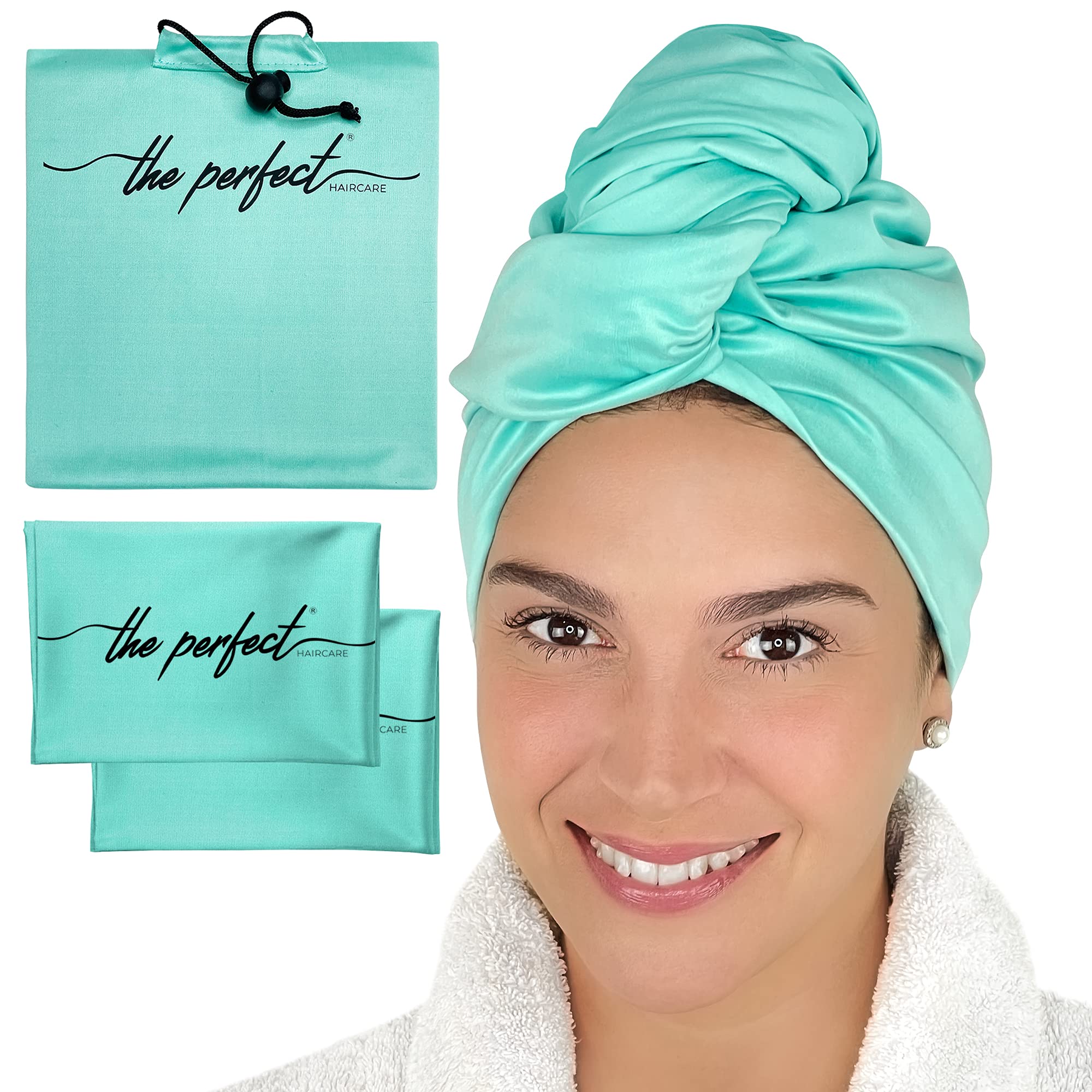 THE PERFECT HAIRCARE Hair Towel and Curl Scrunching Towel Set for Curly Hair Women and Girls - Wet Plopping SOTC & Micro-Plop - 1 Large Hair Wrap Towel Turban + 2 Small Towels (Aquamarine) โ image 1