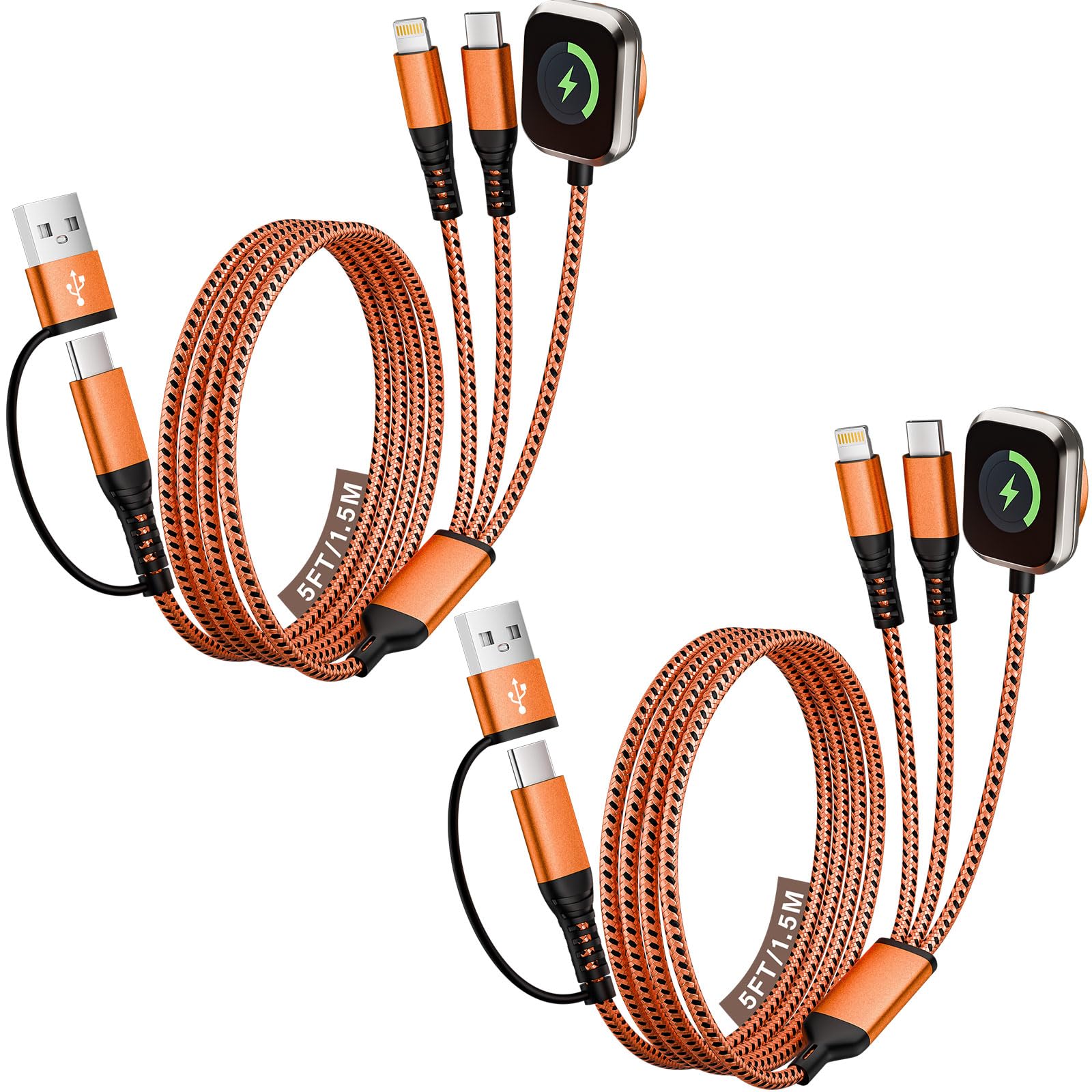 [2Pack-5FT] Travel Charger for iWatch, 3 in 2 Multi Charging Cable/Cord with IP/USB C/iWatch Charger, Travel Chargers for Multiple Devices, Compatible for iWatch Series/iPhone 17-8/iPad/AirPods