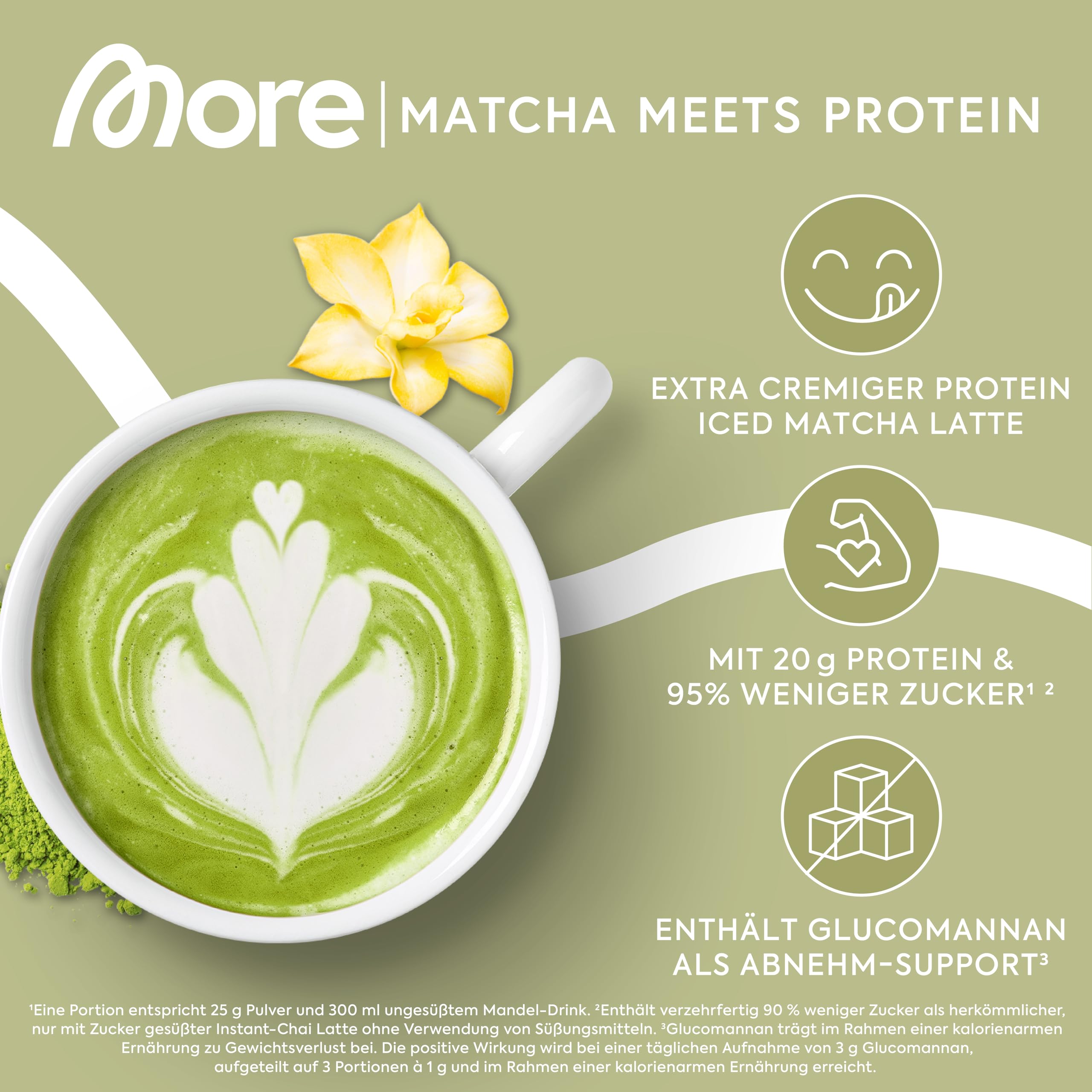 MORE Protein Iced Matcha Latte, 500g, Matcha Grünteepulver mit wertvollen Proteinen, wenig Zucker und Fett - made in Germany 2