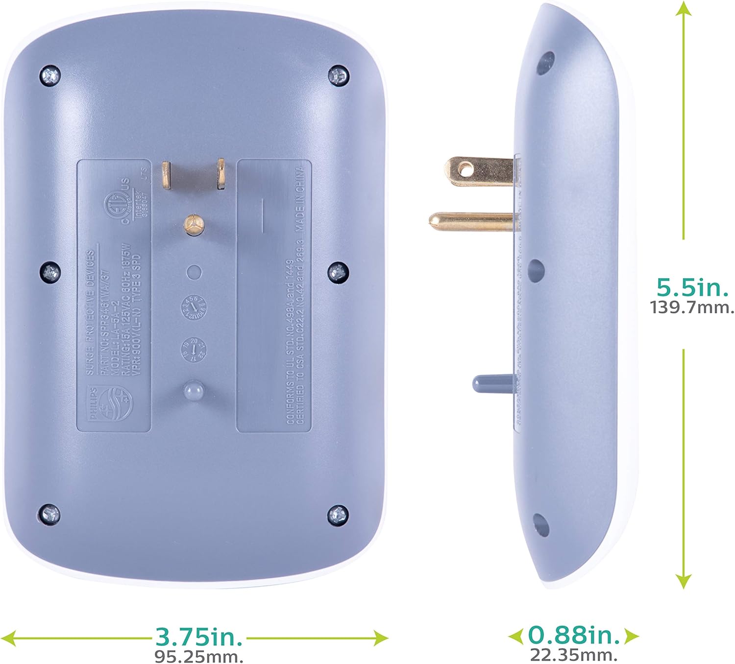 Philips 6-Outlet Surge Protector Tap, 900 Joules, Space Saving Design, 3-Prong, Protection Indicator LED Light, Gray & White, SPP3461WA/37: Electronics