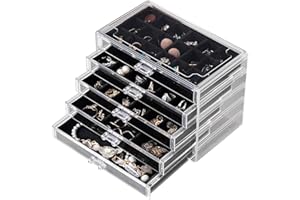 Frebeauty Acrylic Jewelry Organizer,Earring Organizer Box with 5 Drawers Clear Jewelry Box with Velvet Trays for Women,Stacka