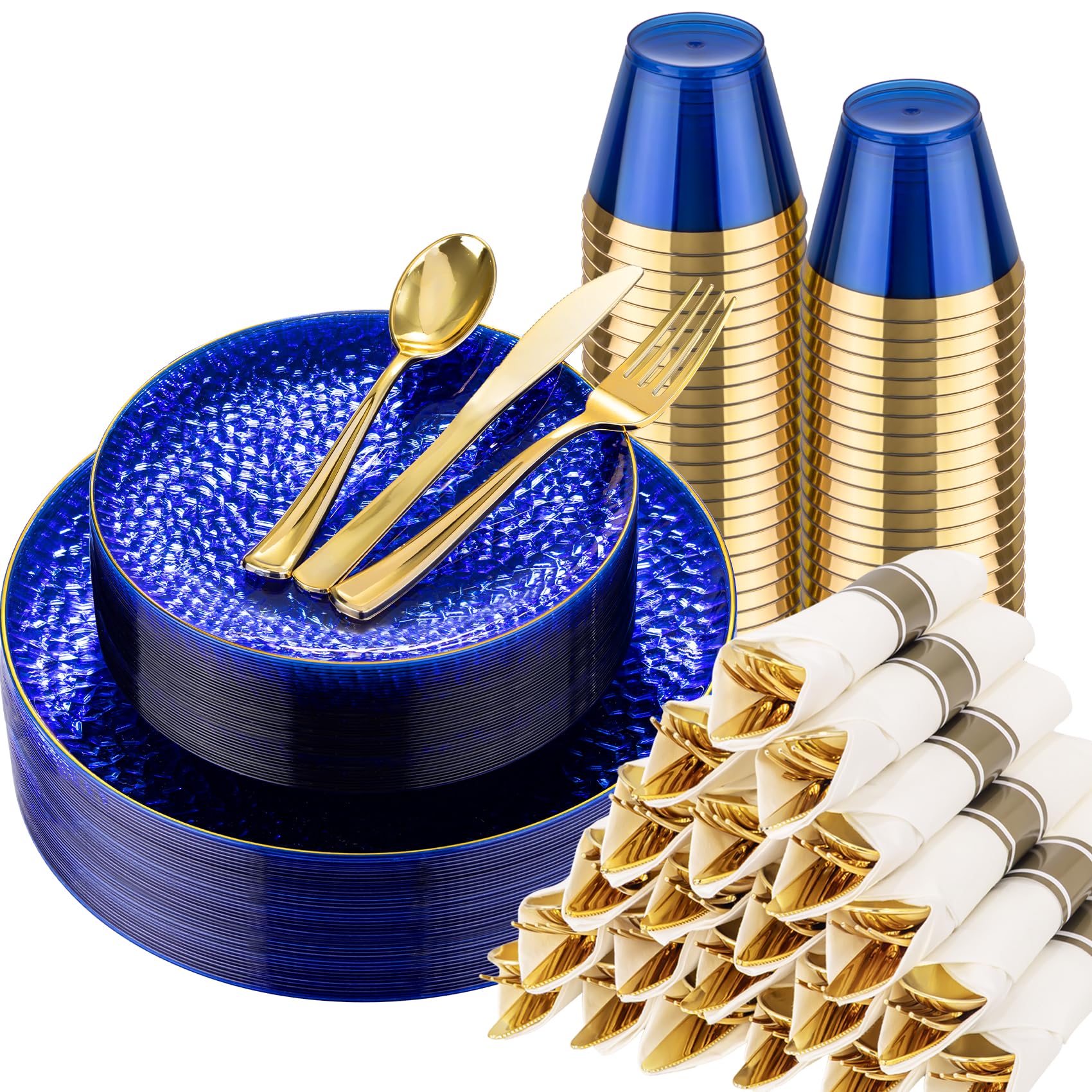 Photo 1 of Hioasis 175pcs Blue Gold Plastic Plates - Blue Plastic Dinnerware Set Includes 25 Dinner Plate, 25 Dessert Plate, 25 Cups, 25 Napkins Perfect for Wedding & Party