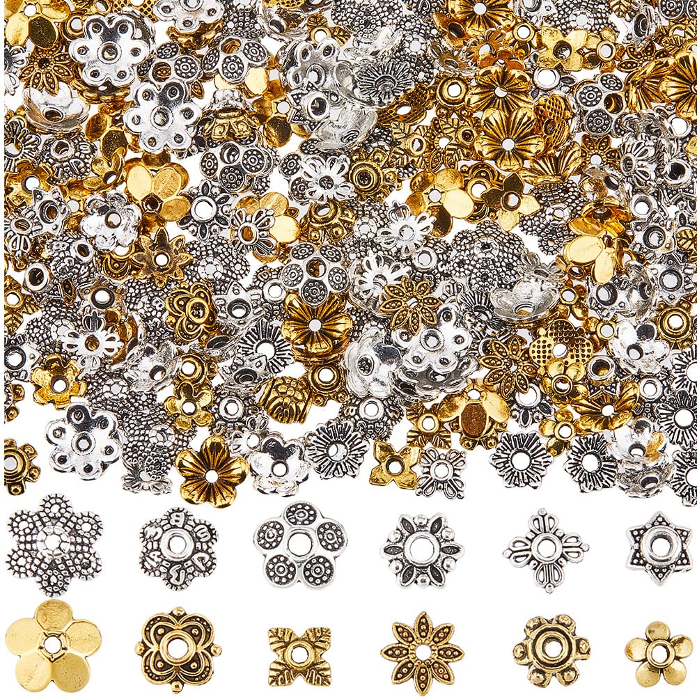 SUNNYCLUE 1 Box 360Pcs 12 Styles Spacer Beads Bulk Flower Bead Caps Findings Tibetan Silver Alloy Antique Gold Metal Filigree Flowers End Caps for jewellery Making Supplies DIY Bracelet Necklace