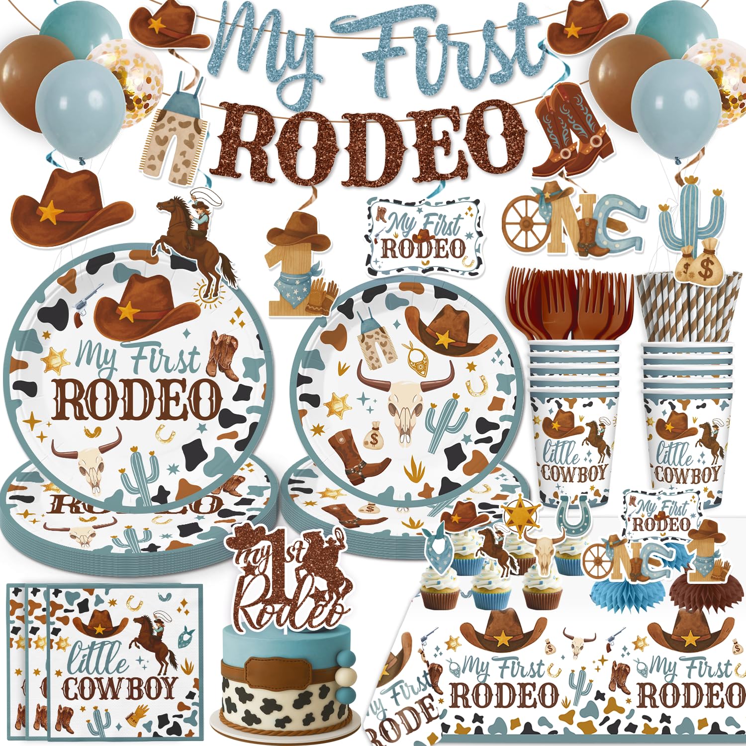 Photo 1 of 171 PCS My First Rodeo Decorations Boy, First Rodeo Birthday Tableware Set with Cake Topper, Cupcake Topper, Tablecloth, Plates and Balloons for Boy 1st Birthday Decorations