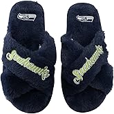 FOCO Womens NFL Team Script Wordmark Fuzzy Cross Slide Slippers