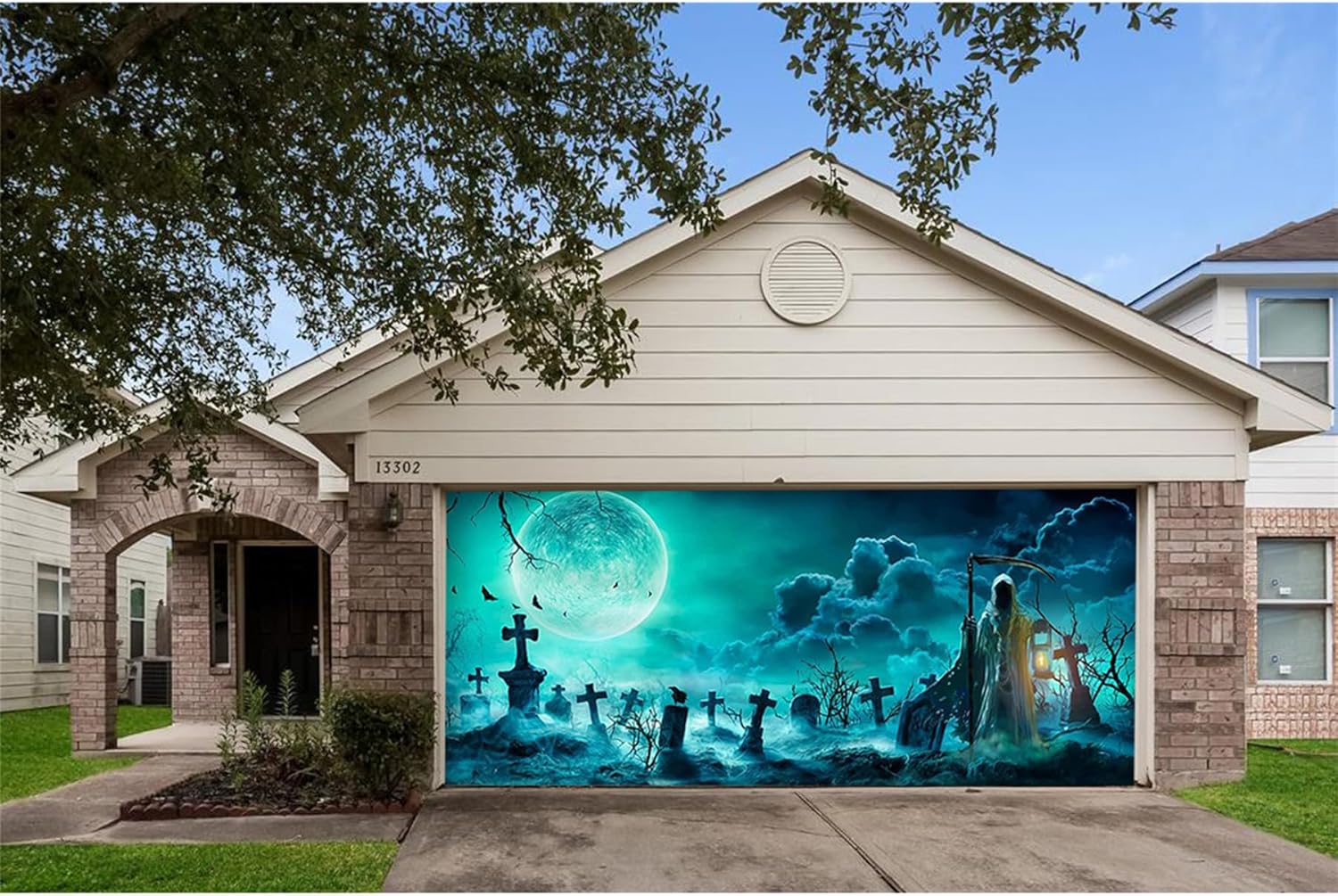 Garage Door Decorations - 7' H × 16' W Happy Halloween Large Garage Door Banner Ghost and Graves Garage Door Decoration Holiday Door Cover Hanging Banners for Room Window Outdoor Indoor Home Party Decor