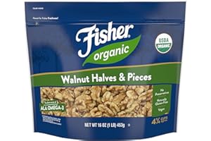 Fisher Organic Walnut Halves & Pieces 16 oz, USDA Certified Organic Nuts, Unsalted California Grown, Non-GMO, No Preservatives, Walnuts for Baking & Cooking, Healthy Snacks for Adults, Resealable Bag
