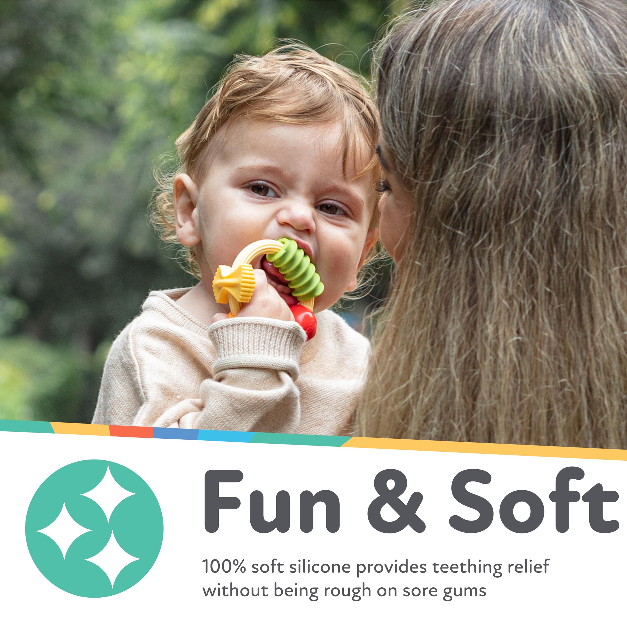 Nuby Pasta Ring Teether - 3+ Months - Soft, Silicone, Multi-Textured, Easy Grip Baby Teething Toy - Natural Teething Relief for Babies - Baby Stocking Stuffer