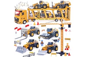 B BASCOLOR Construction Truck Toys Vehicle Set, Kids Engineering Site Playset, XLarge Musical Toy Truck, Crane Toy, Bulldozer, Steamroller, Forklift, Snow Plow, Birthday Gift for Toddler Boys 3 4 5 6 Years Old