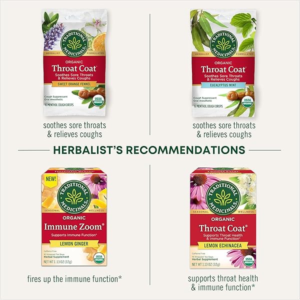 TRADITIONAL MEDICINALS ORGANIC, THROAT COAT LOZENGES, LEMON GINGER ECHINACEA – HERBAL COUGH DROPS, HELPS SOOTHE SORE THROAT – NON-GMO, STIMULANT-FREE – 16 COUNT