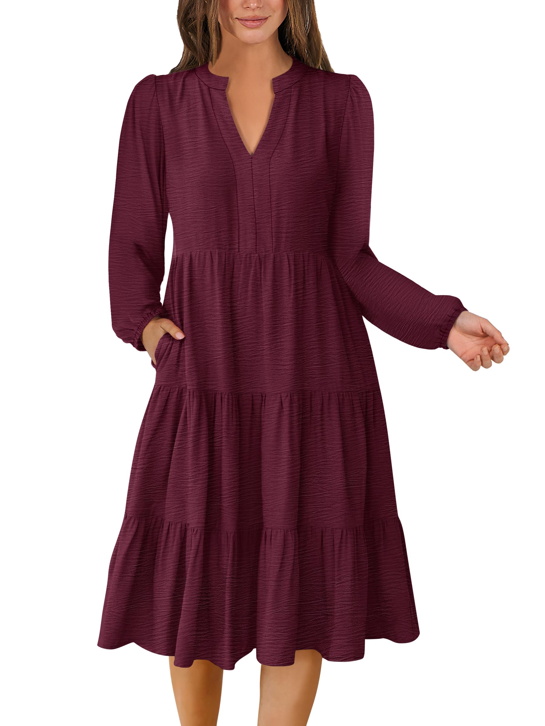 Photo 1 of ANRABESS Womens Fall Midi Dresses Long Sleeve V Neck Swing Tiered Work Business Casual 2025 Flowy Beach Vacation Dress Wine Red Large