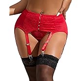 ohyeah Plus Size High Waist Garter Belt Set Lace Mesh Suspender Belt with 6 Vintage Metal Clip for Stockings