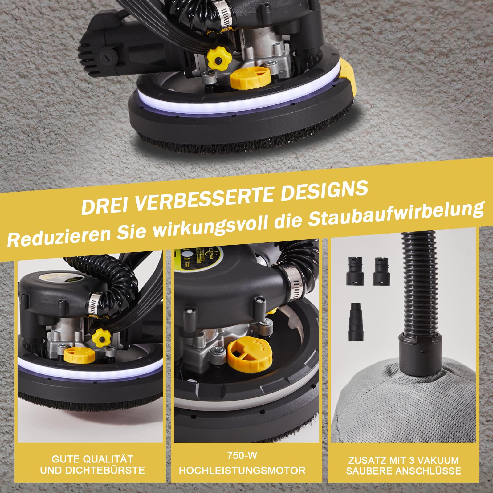 Trockenbauschleifer, 750W Wandschleifer mit Automatischem Vakuumsystem und Ø 214mm Schleifgiraffe inkl Absaugbeutel LED-Licht, 7-Gang Getriebe, 900-1800RPM Deckenschleifer, Faltbarem Griff 5