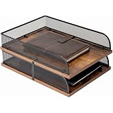 Set of 2 Vintage Wood &amp; Metal Letter Tray，Desk Organizers Paper Tray，Office File Organizer(Black)