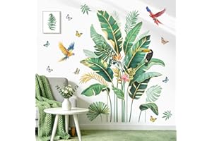 wondever Tropical Palm Leaf Wall Stickers Nature Plants Green Gold Leaves Peel and Stick Wall Art Decals for Living Room Bedr