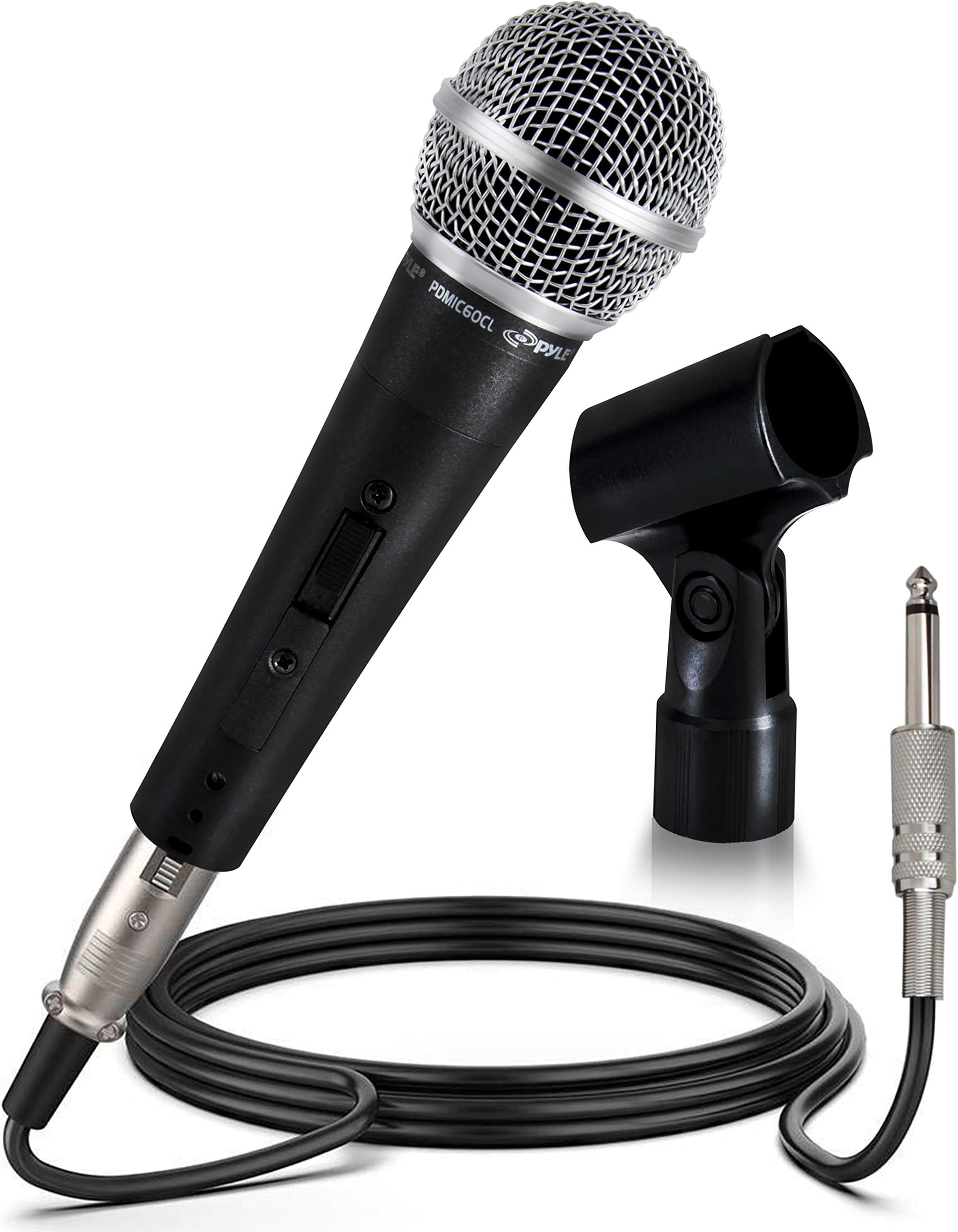 PylePro Professional Moving Coil Dynamic Cardioid Unidirectional Vocal Handheld Microphone with ON/OFF Switch & Mic Holder Clip & 15ft XLR Audio Cable to 1/4'' Audio Connection (PDMIC60CL)