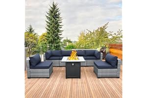 Valita 7 Piece Outdoor PE Wicker Furniture Set, Patio Gray Rattan Sectional Sofa Couch Adjustable Gas Fire Pit Dark Blue Cushions