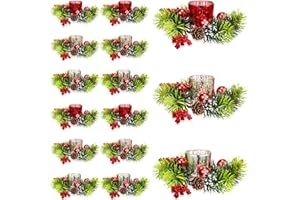 Ceenna Set of 24 Christmas Candle Holders with 12 Candle Rings Wreaths, 12 Glass Tealight Holders for Christmas (Red Ball)