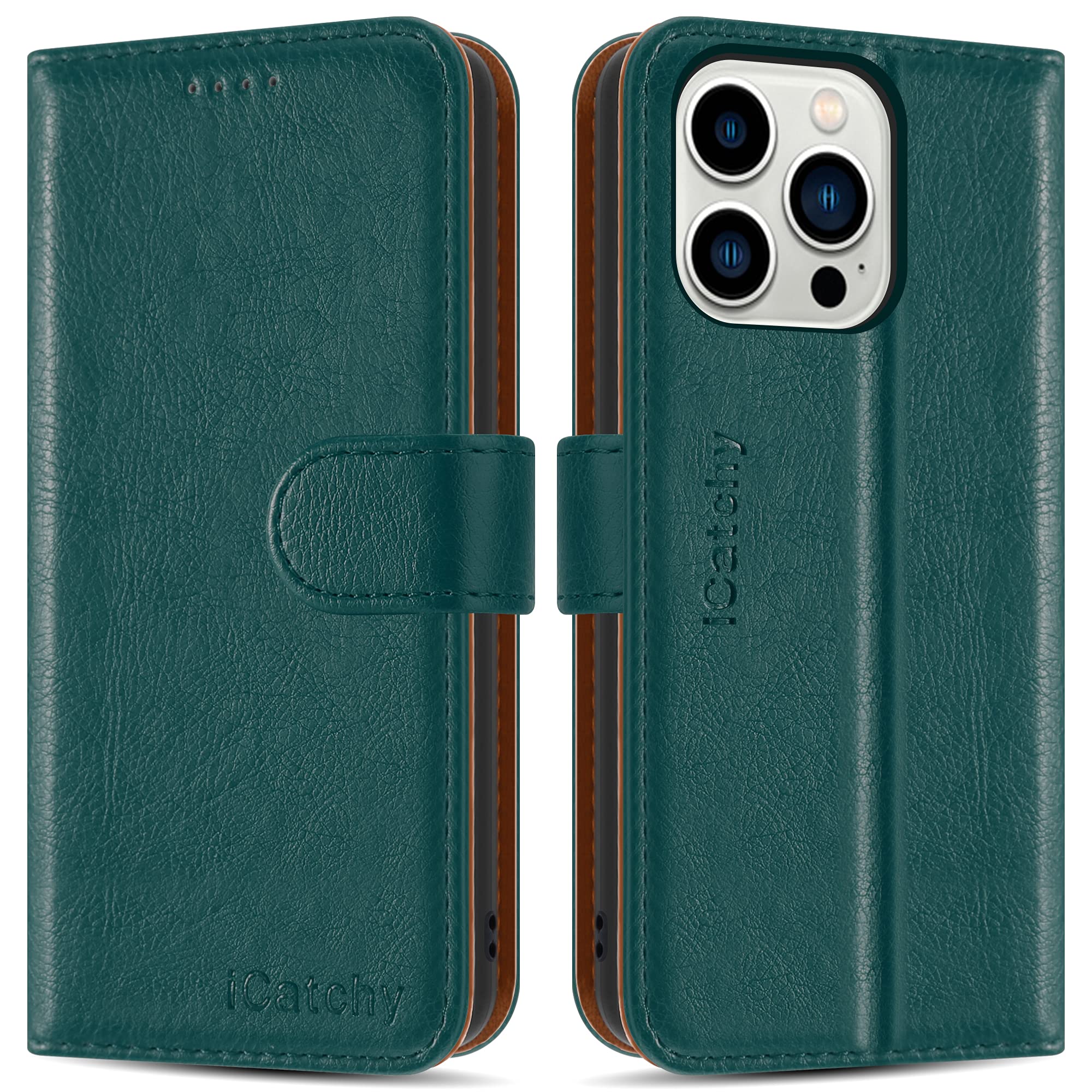 iCatchy for iPhone 13 Pro Case (6.1'') Leather Wallet Book Flip Folio Cover (Bottle Green)