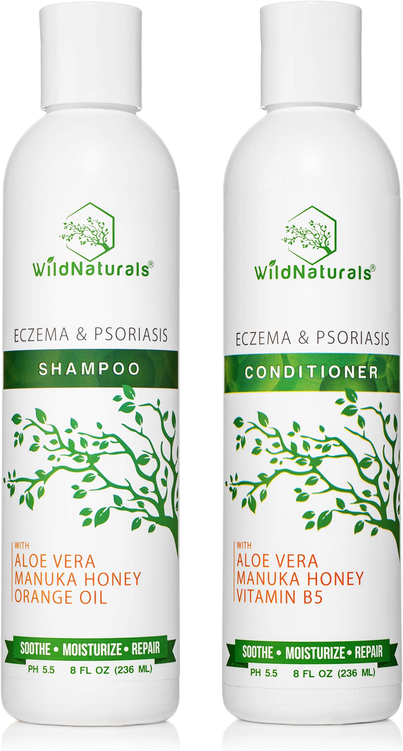 Wild Naturals Eczema Psoriasis Shampoo - Conditioner Set 8oz, 98% Natural, 80% Organic, Sulfate Free, Soothing Anti Dandruff, Flaky, Itchy, Dry Scalp Treatment for Seborrheic Dermatitis, Damaged Hair