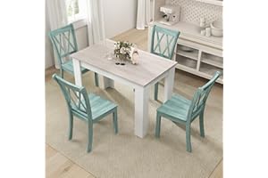 Giantex 5-Piece Wooden Dining Set, Modern Rectangular Dining Table & 4 High-Back Chairs, Dinette Set w/Rubber Wood Legs, Kitchen Furniture for Dining Room Kitchen Restaurant (Light Gray+Mint Green)