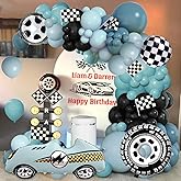 Race Car Balloon Garland Arch Kit 154PCS Dusty Blue Black Latex Balloon Wheel Checkered Foil Balloons for Race Car Baby Shower Party Two Fast Birthday Party Decorations