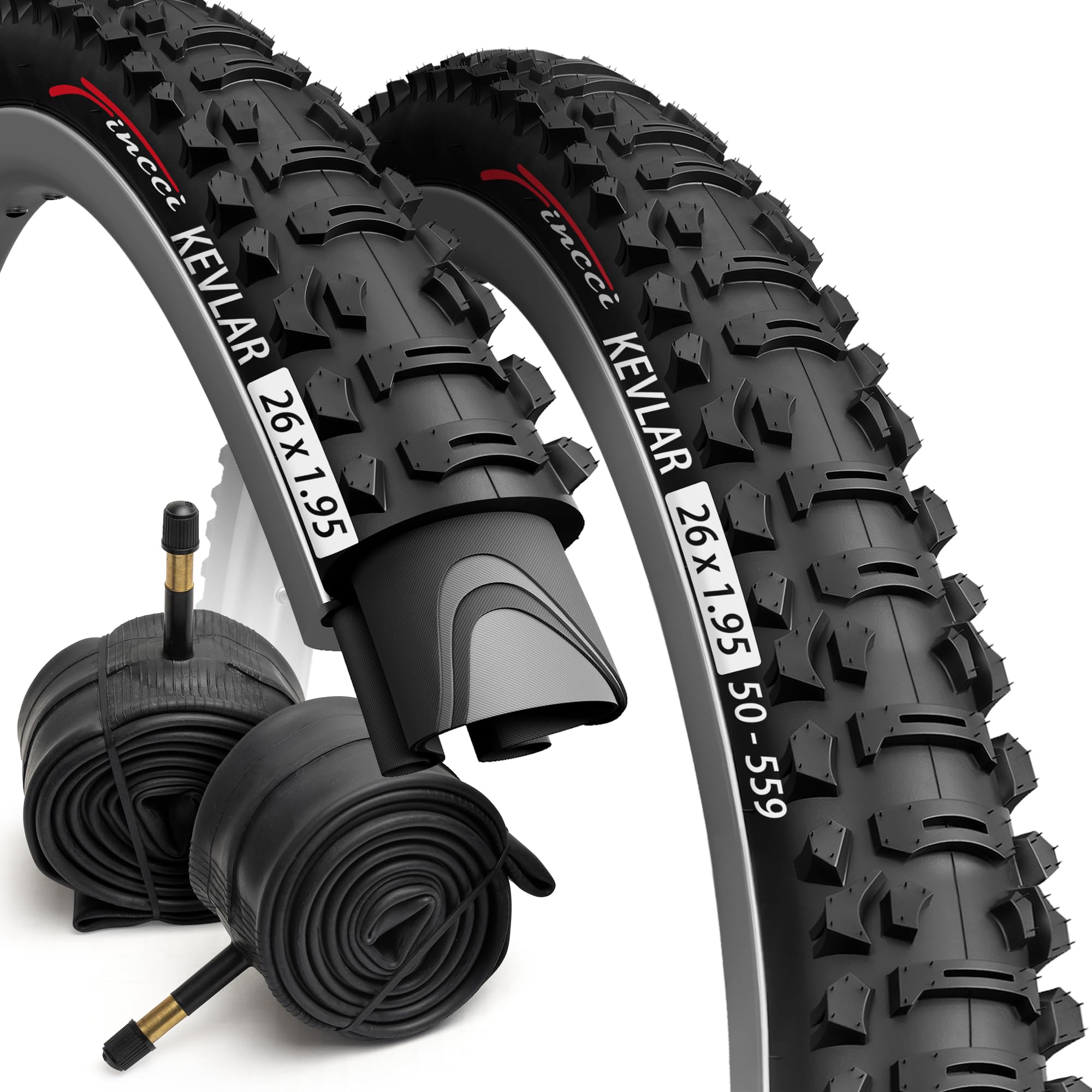 Fincci Durable Bike Tyres 26x1.95 - Foldable High Grip Kevlar 26 inch Bike Tyre with 26 inch Bike Inner Tube Schrader Valve - Tire 60 TPI for MTB, Hybrid, Enduro, Xc Bikes - Lightweight Tyre 50-559