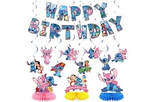HBAVFIHNBG Stitch Birthday Decorations Stitch Birthday Party Supplies Stitch Happy Birthday Banner, Hanging Swirls and Honeycomb Centerpiece Table Decorations (stitch)