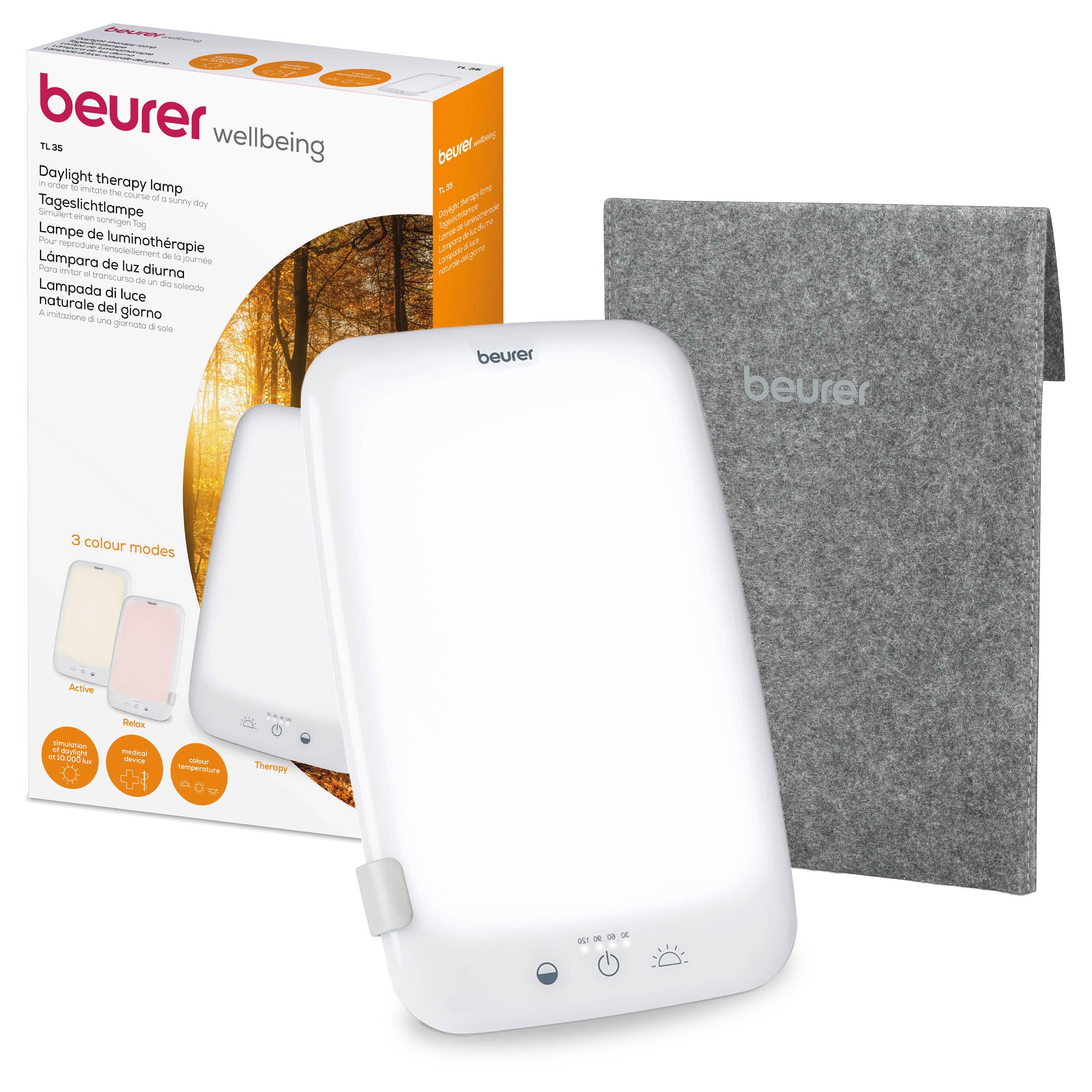 Beurer TL35UK SAD lamp, Simulation of Daylight, with 3 Colour temperatures for a Regulated Day-Night Rhythm, 10,000 lux, Medical Device, Removable Stand, with dimmer