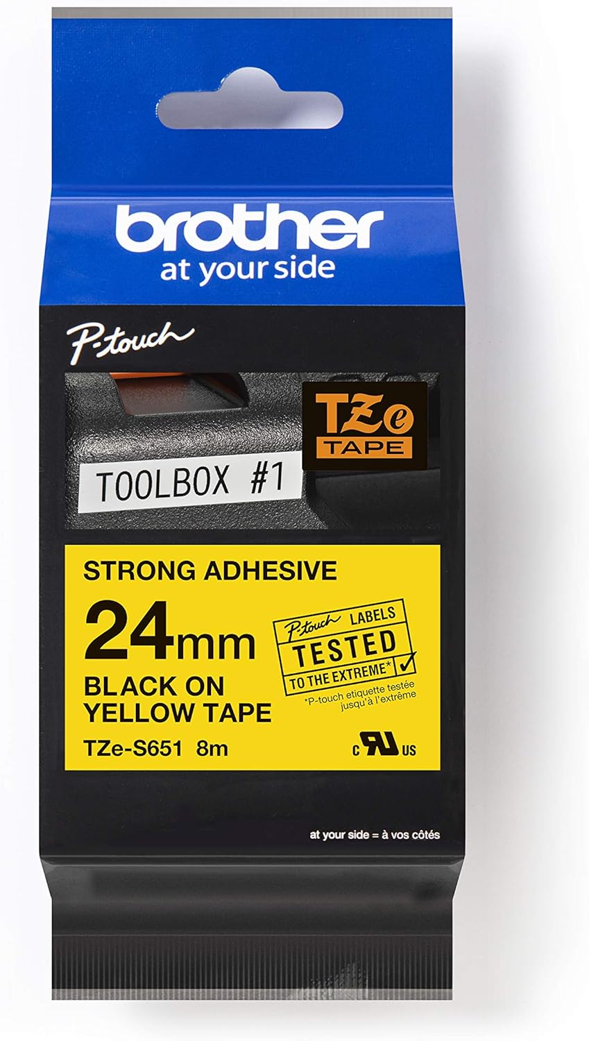 Brother TZe-S651 Labelling Tape Cassette, Black on Yellow, 24mm (W) x 8M (L), Strong Adhesive, Brother Genuine Supplies