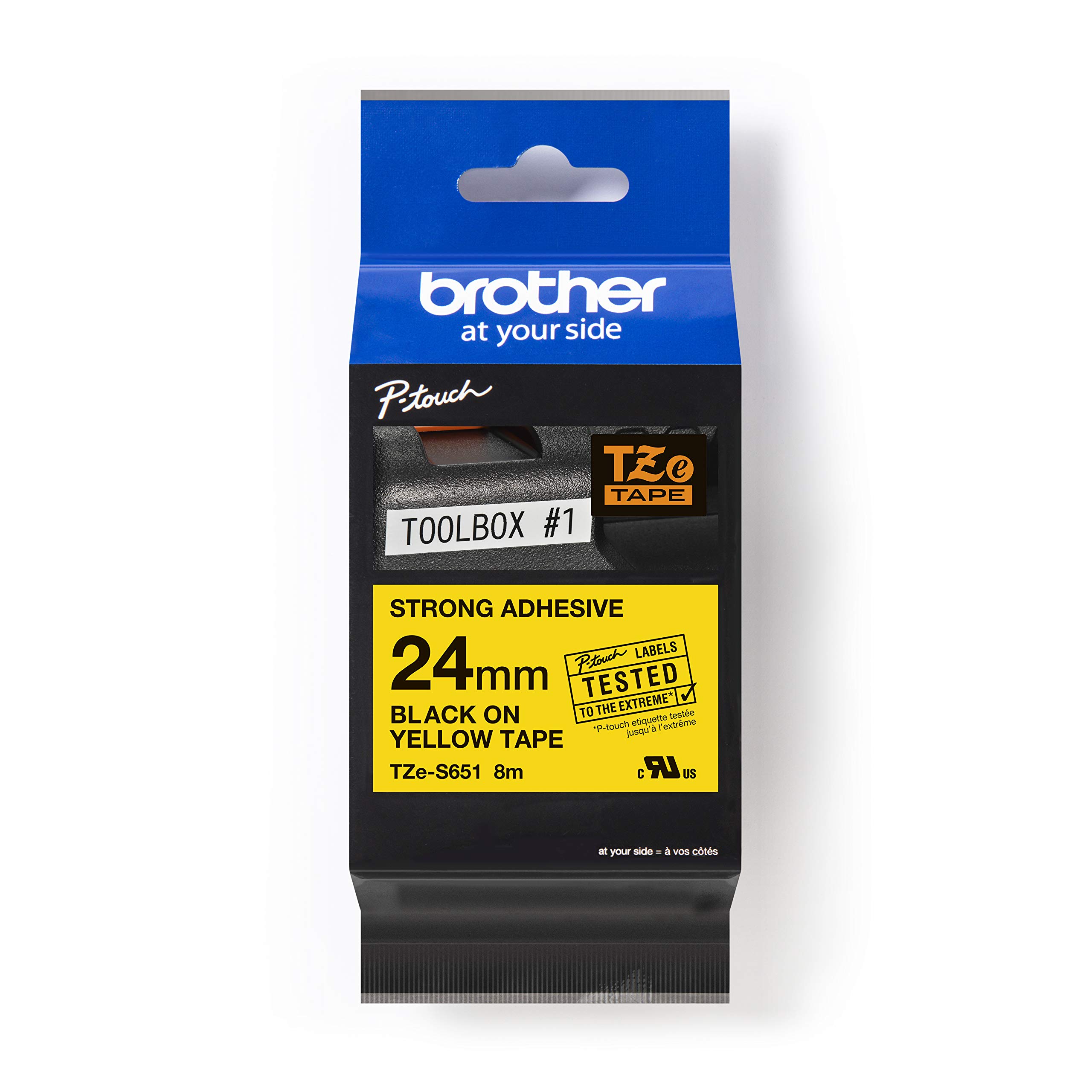 Brother TZe-S651 Labelling Tape Cassette, Black on Yellow, 24mm (W) x 8M (L), Strong Adhesive, Brother Genuine Supplies