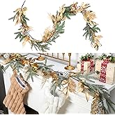 Suncalla 5.2 ft Christmas Gold Leaves Garlands Artificial Frosted Snowy Christmas Pine Garland with Gold Ball Berry for Mantle Stairs Fireplace Table Centerpiece Indoor Outdoor Home Greenery Decor