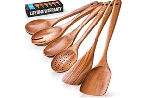 Zulay Kitchen 6-Piece Wooden Spoons for Cooking - Smooth Finish Teak Wooden Utensils for Cooking - Soft Comfort-Grip Wood Spoons for Cooking - Non-Stick Wooden Cooking Utensils - Wooden Spoon Sets