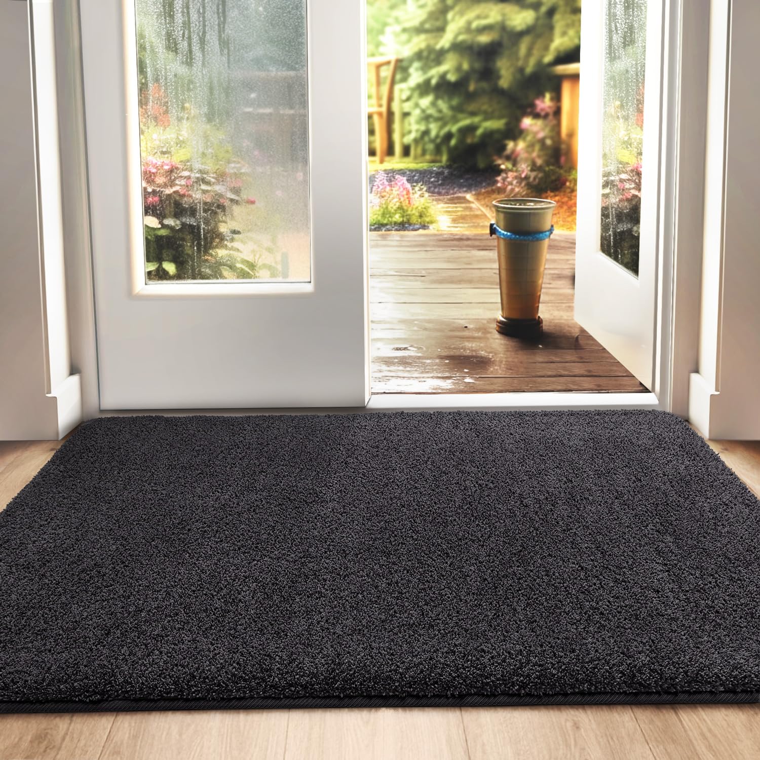 DEXI Dirt Trapper Door Mat Indoor, Non-slip Doormats Inside, Machine Washable, Super Absorbent Entrance Mats Soft Floor Carpet Rug, 50 x 80 cm, Black-Grey