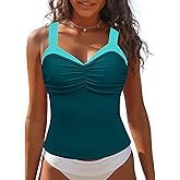 GRAPENT Tankini Tops for Women Colorblock Ruched Swimsuits Beach Padded Adjustable Straps Modest Swimwear Swim Tops Only