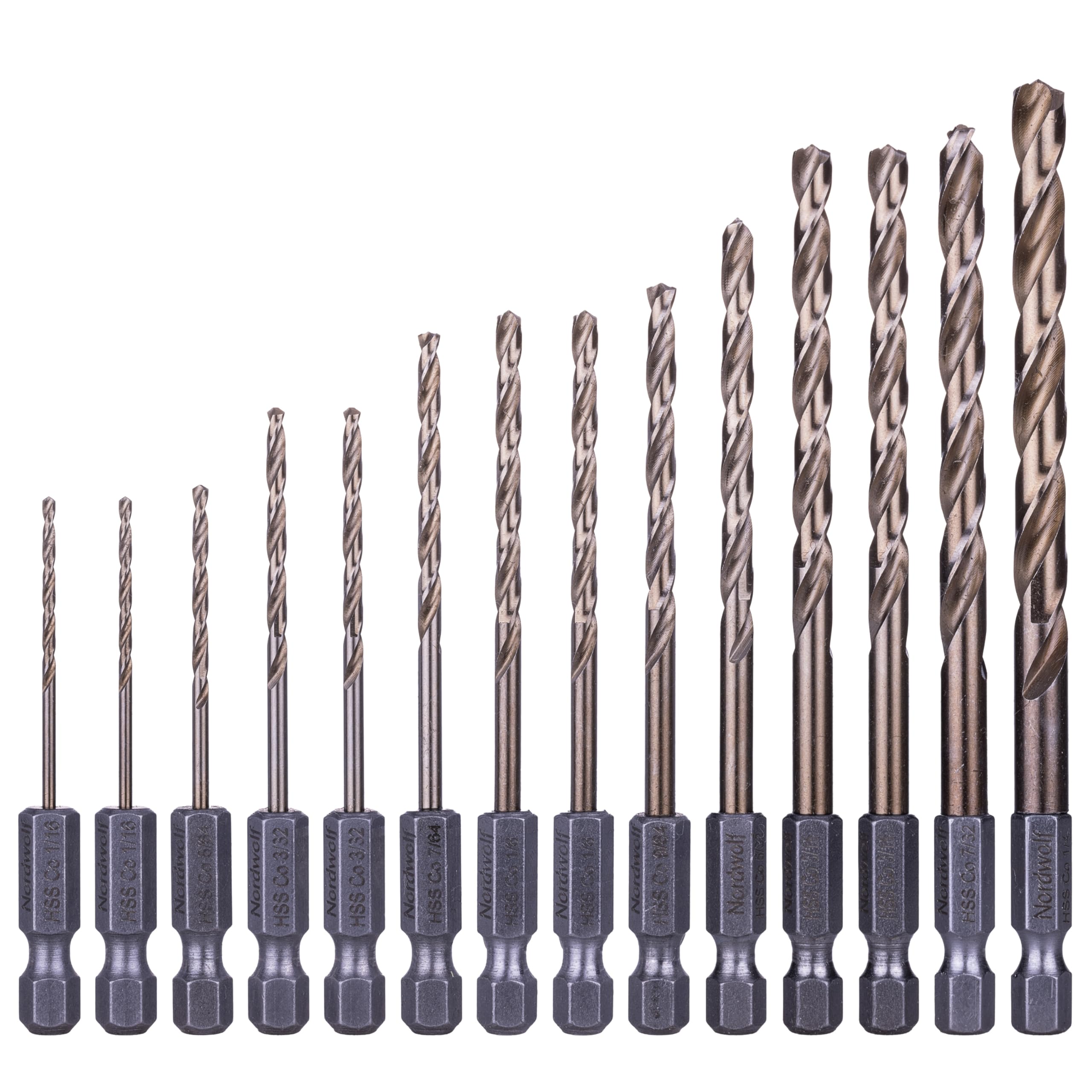 Photo 1 of NordWolf 14-Piece M35 Cobalt Drill Bit Set for Stainless Steel, Hard Metals & Cast Iron, Jobber Length with 1/4" Hex Shank, SAE Sizes 1/16" to 1/4" in Storage Case