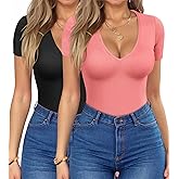HOTOUCH Deep V Neck Tops for Women Sexy Low Cut Summer Ribbed Knit T Shirts Slim Fit Stretchy Basic Fashion Tee