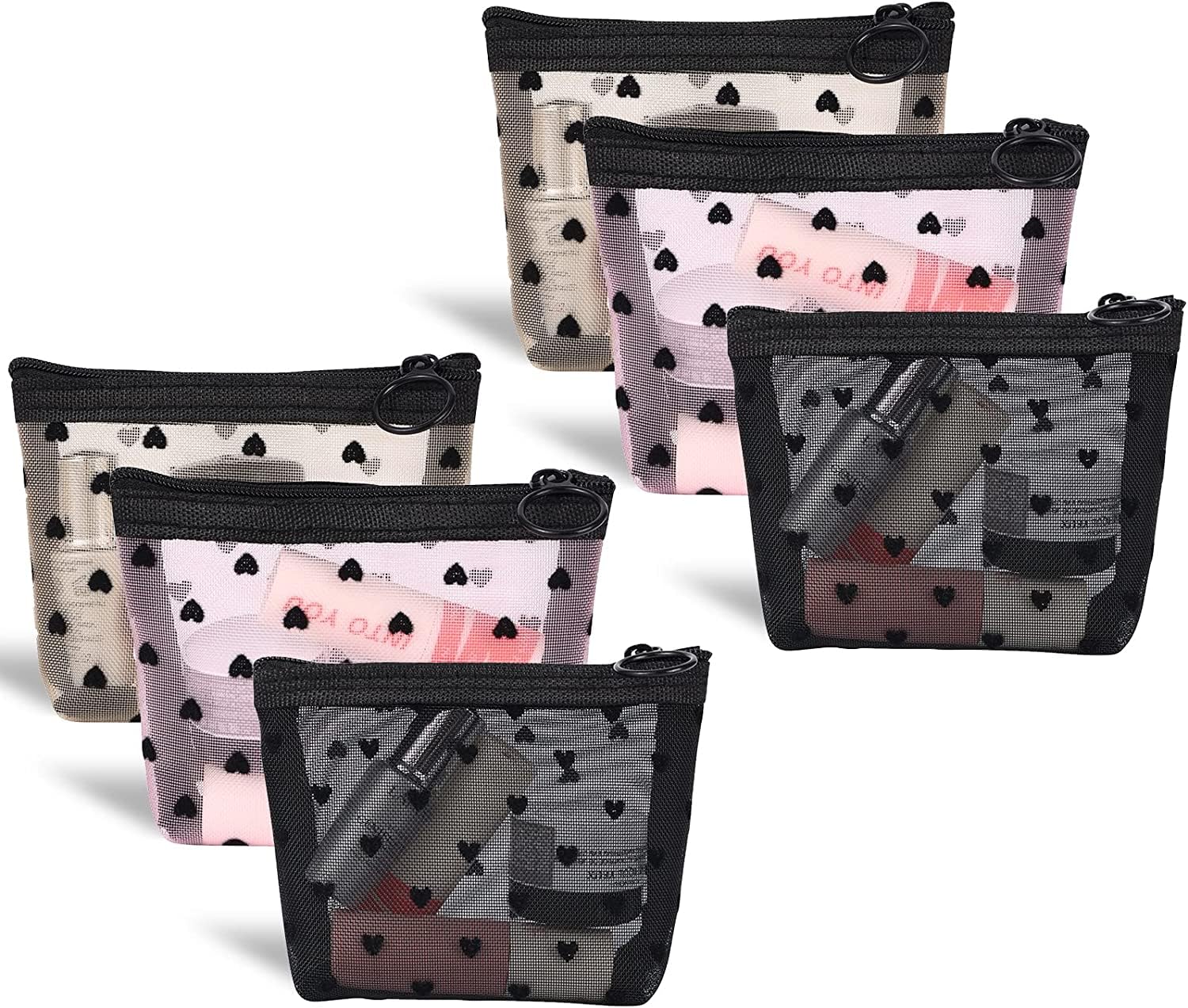 Photo 1 of Adorila 6 Pack Mini Mesh Makeup Bags, Heart Print Zipper Mesh Storage Pouch, Travel Cosmetic Accessories Organizer for Women (Black, Beige, Pink)