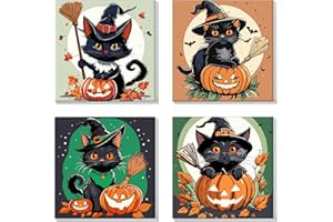 Bowetile 4 Pack Halloween Paint by Numbers for Adults Beginners Framed, Cat Adults' Paint-by-Number Kits, Easy Adult Paint by Number Kits on Canvas, Acrylic Number Painting for Home Decor, 8x8in