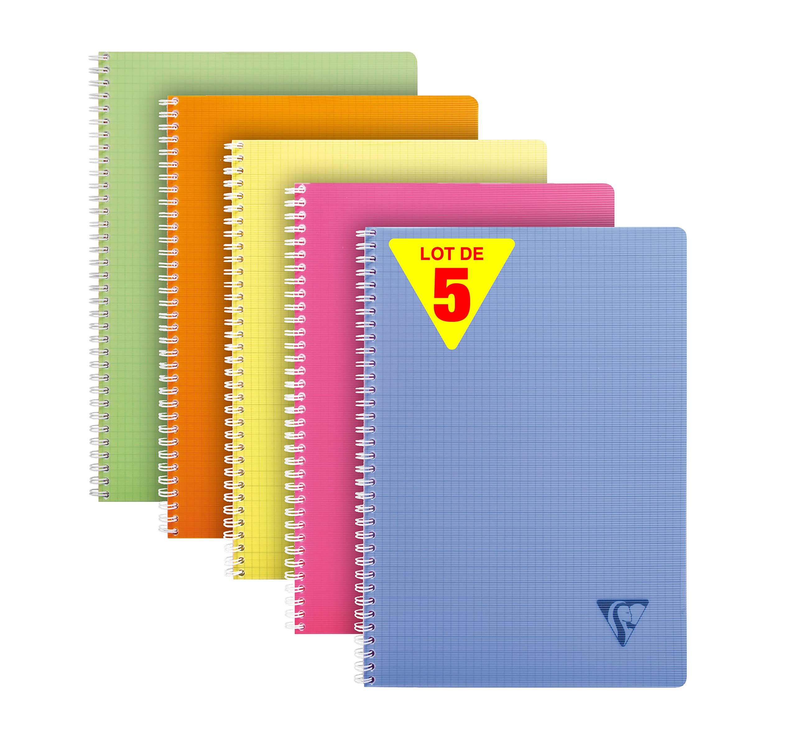Clairefontaine 328126C LiniColour Fresh Collection Set of 5 Spiral Notebooks A4 - 180 Small Squares Pages - White Paper 90g - Clear Polypro Cover Random Colour