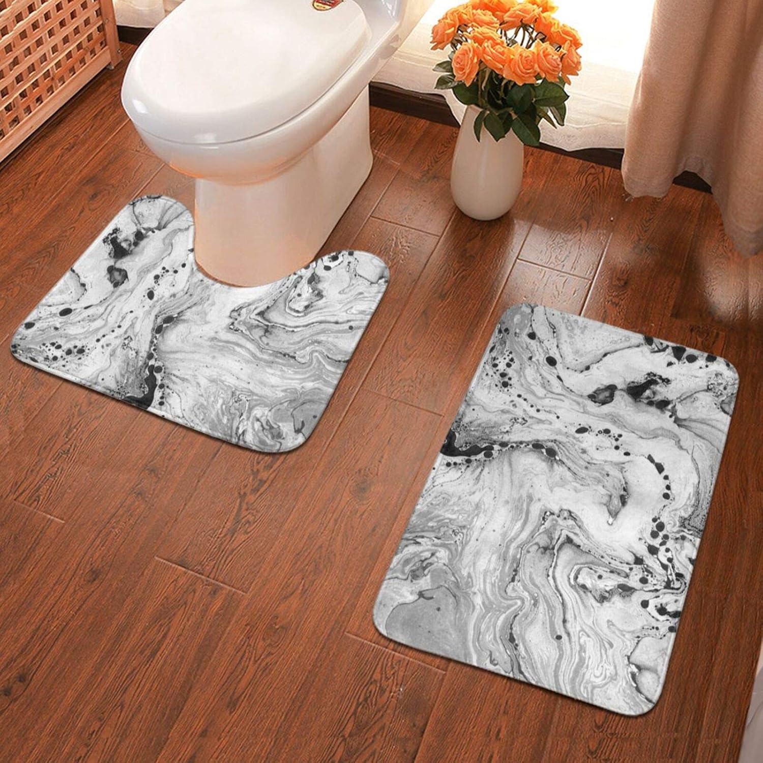 Grey and White Marble Pieces Memory Foam Bath Mats Rugs