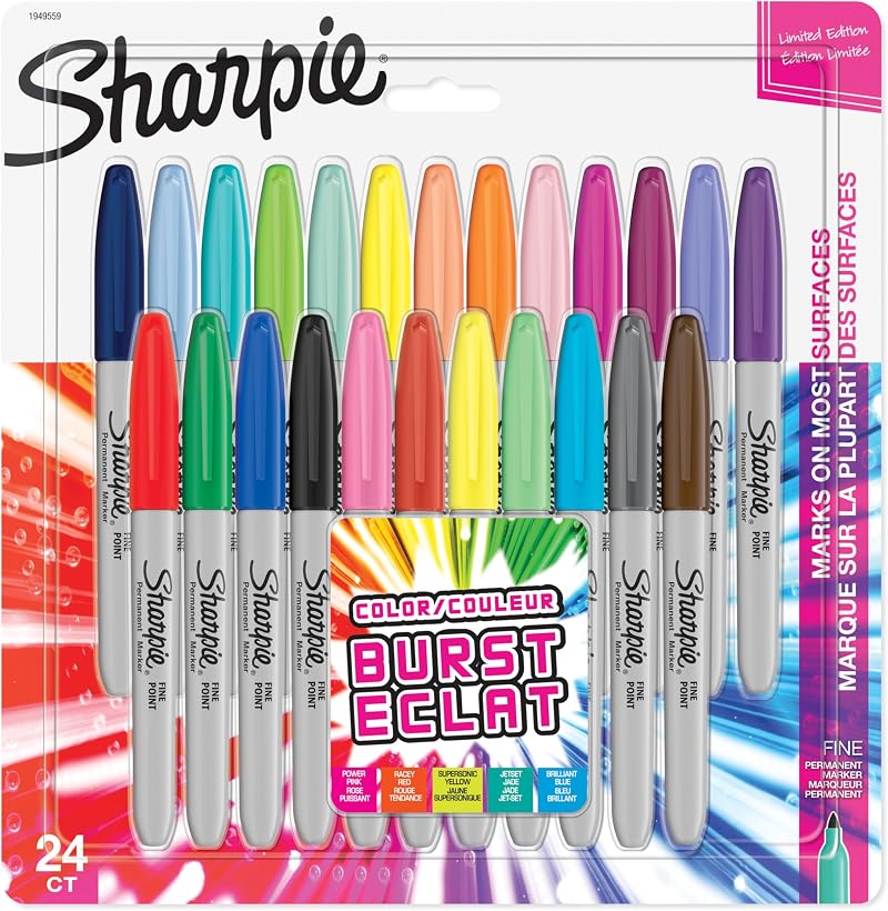 Sharpie Permanent Markers Fine Point 24 Assorted Colour Burst