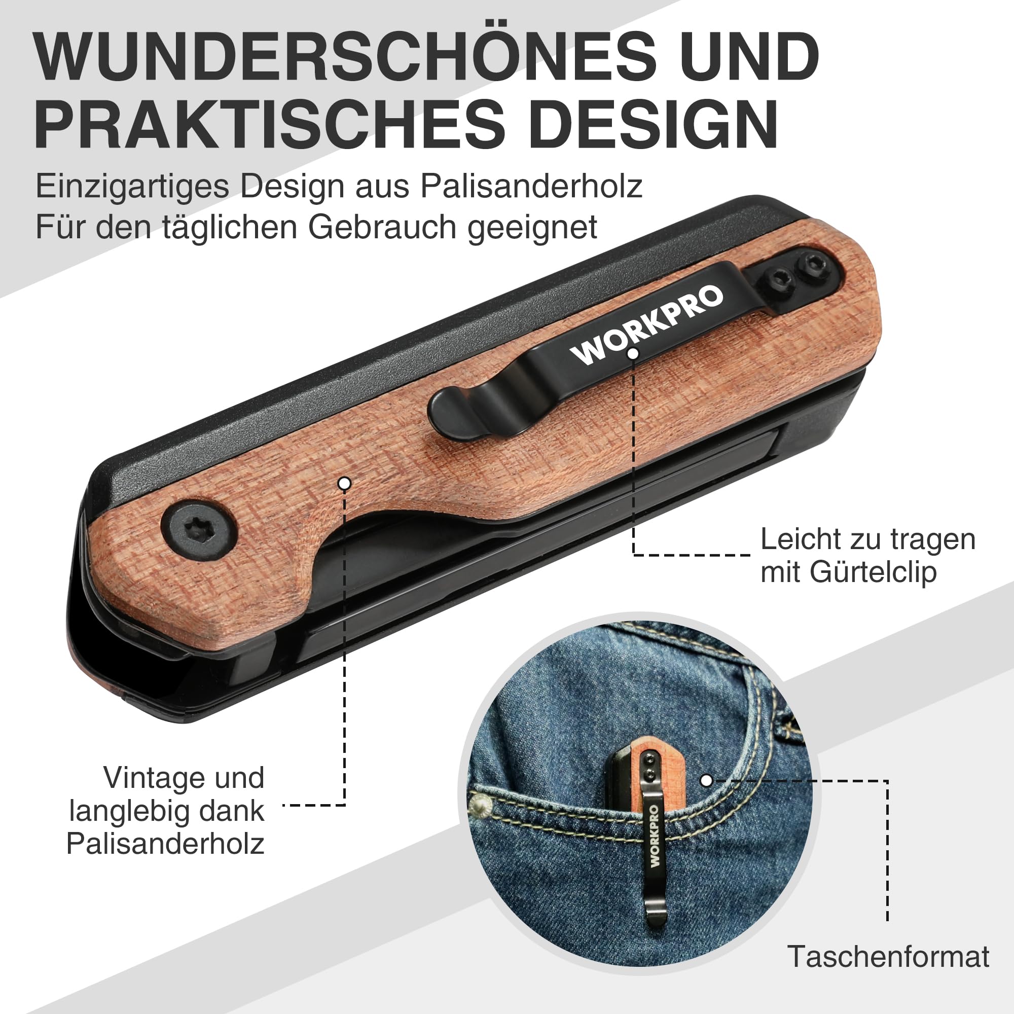 WORKPRO 2-IN-1 Taschenmesser klappbares Universalmesser, Klappmesser aus Aluminium, Faltbares Cuttermesser mit Holzgriff & Gürtelclip, Liner Lock, Schnellwechseln, inkl. 10 zusätzlichen Klingen 7