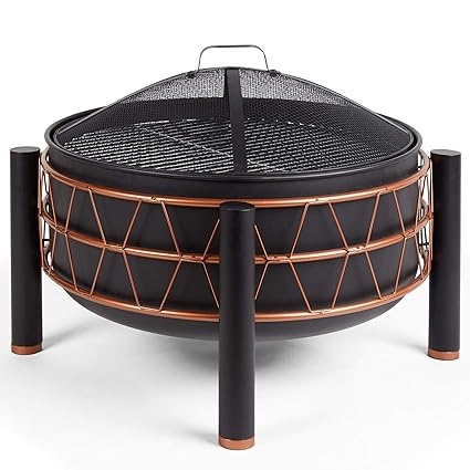 Vonhaus Black Copper Fire Pit Bbq Grill Round Freestanding