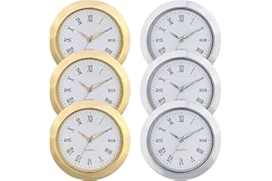 6 Mini Clock Insert Replacement Sets, Small Clock Parts, 1.4 in / 3.7 Cm Metal Roman Dial, Gold and Silver Trim, White Face f